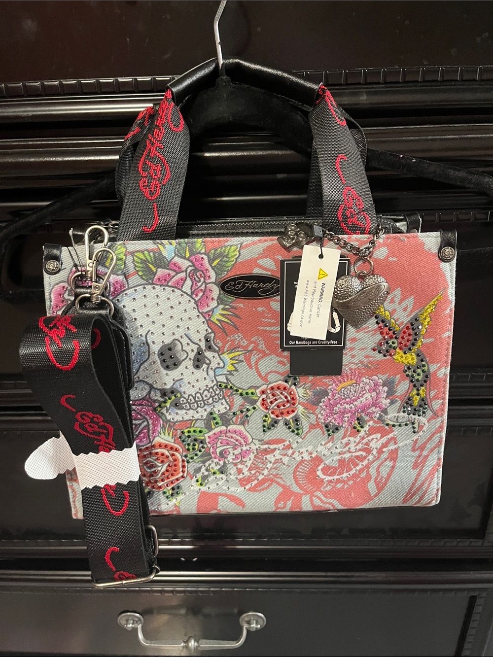 Ed Hardy Coral and Black Floral Skull Satchel with Embellished Strap